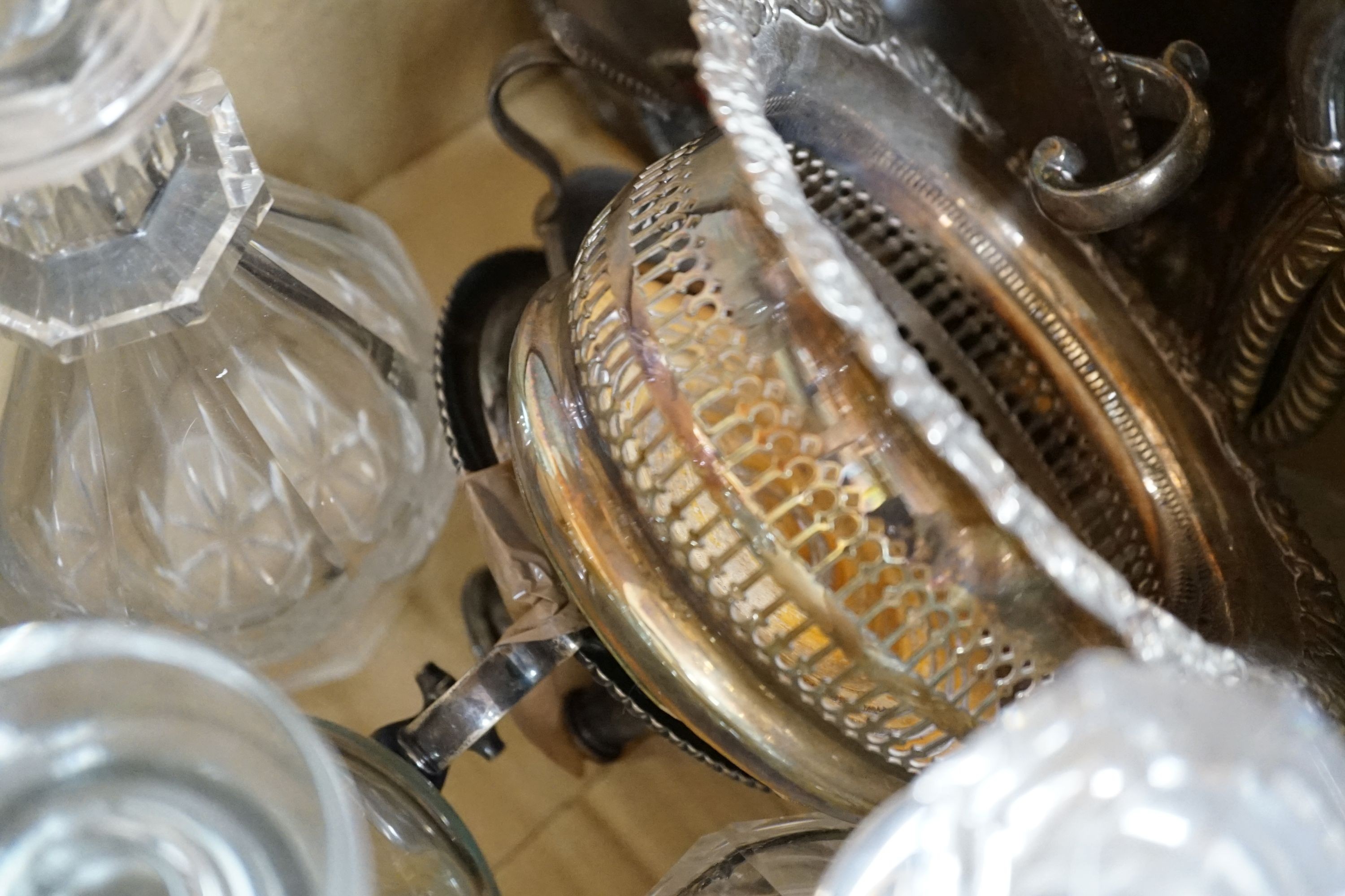 Seven Victorian and later glass decanters and a small quantity of plated ware.